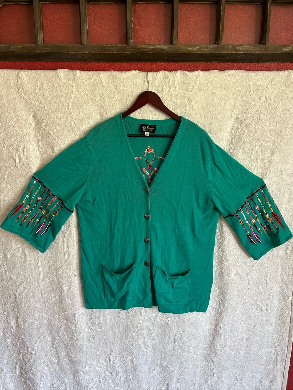 Bob Mackie Teal Embroidered Crew Cardigan